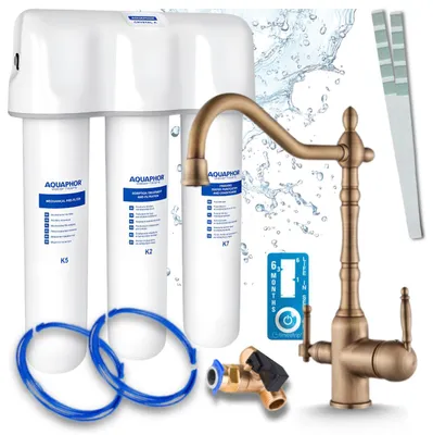 Produktbild von Aquaphor Kristall A Untertisch-Wasserfilter Mit Ari Retro 2 3-Wege-Küchenarmatur Antik Messing, Trinkwasserfilter 2 L/Min