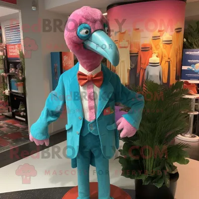 Produktbild von Türkisfarbener REDBROKOLY Flamingo Maskottchen Kostüm charakter bekleidet mit Weste und Hutnadeln