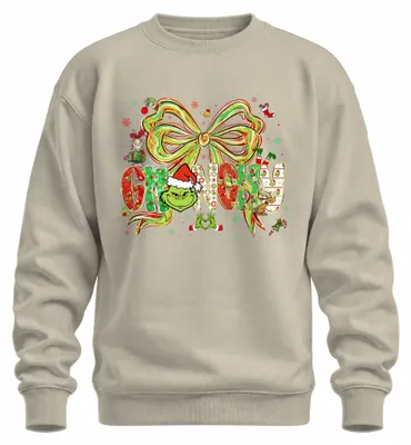 Imagen del producto de Camiseta o sudadera retro uni con diseño divertido de "Grinch" navideño, con motivos de Santa Claus y un lazo, en color natural, talla L