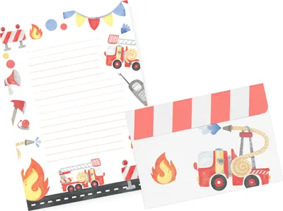 Produktbild von Friendly Fox Kinder Briefpapier Feuerwehr, 1x DIN A5 Schreibblock mit Linien und 20 Umschläge, Kinder Briefblock liniert Briefpapier Set für Kinder