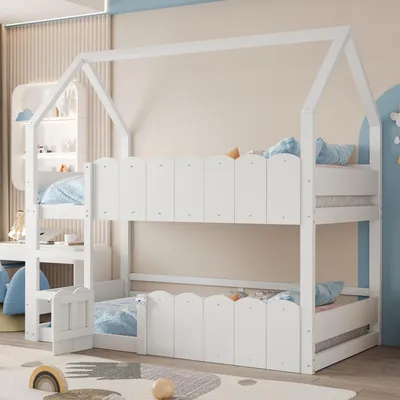 Produktbild von Flieks Etagenbett 90x200cm mit Rausfallschutz, Kinderbett Hausbett mit Tür, Hochbett Einzelbett mit Lattenrost für Kinderzimmer, Weiß