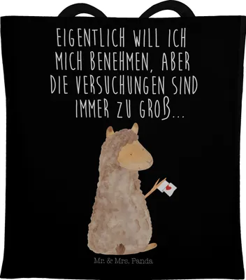 Produktbild von Mr. & Mrs. Panda Shopping Tasche Alpaka Fahne - Schwarz - Geschenk, Beutel, Liebe, Lamas, Lama, Laptoptasche, Tote Bag, Schultasche, Alpakas