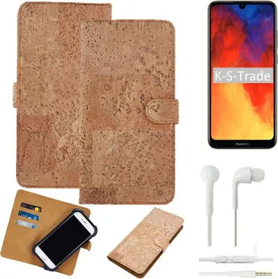 Produktbild von K-S-Trade Hülle kompatibel mit Huawei Y6 (2019) + in ear Kopfhörer Kork Handyhülle Cover  Schutzhülle TPU Case Bumper in Hellbraun, (1x)