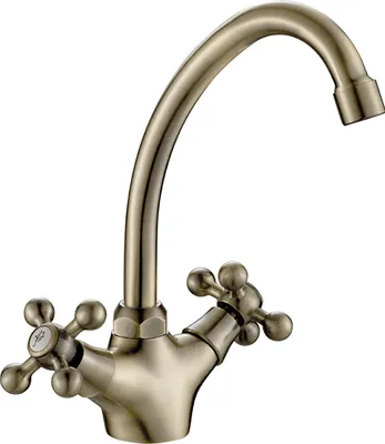 A close-up studio shot of a kitchen faucet.