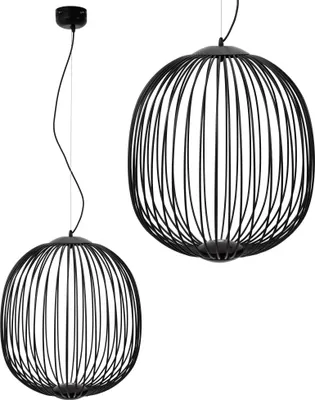 Two black pendant lights with a wireframe spherical design, shown against a white background.
