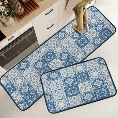 Image de Ensemble de 2 tapis antidérapants vintage, lavables, pour cuisine et salle de bain