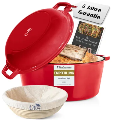 Produktbild von Ottia Gusseisen Topf [inkl. Gärkorb] - Hochwertiger Emaille Topf 26cm - Idealer gusseiserner Brottopf zum Backen, Gusseisentopf Brotbacken, Bräter