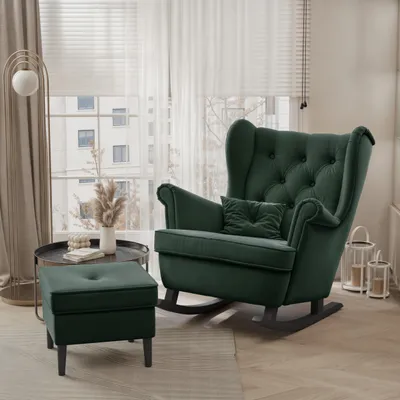 Image de Fauteuil à bascule SCANDI fauteuil à oreilles rembourré style scandinave design moderne confort fauteuil à oreilles vert