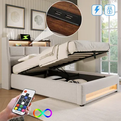 Produktbild von Flieks Čalouněná postel 90x200 cm s USB, Postel pro mladé Jednolůžko s roštovým rámem a úložným prostorem, Postel s úložným prostorem a LED diodou, Povlečení, béžová barva