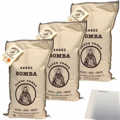 Produktbild von Santo Tomas Arrocerías Antonio Tomas Arroz Bomba Paellareis 3er Pack (3x1kg Beutel) + usy Block