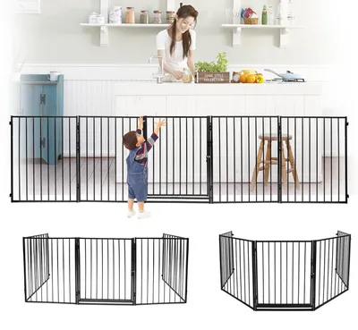 Produktbild von Ikodm Funkenschutzgitter für Kamin 304 cm, 5-teilig mit Tür und Wandhalterung, faltbar, Schwarz