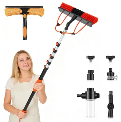 Obrázek produktu pro Čisticí kartáč na solární panely - Sada pro čištění s přívodem vody - 4,8 m - Teleskopická tyč z nerezové oceli - Flexibilní úhel - Obdélníkový kartáč - Oranžová barva