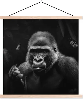 Produktbild von MuchoWow® Textilposter Tiere - Affe - Gorilla - Schwarz - Weiß 120x120 cm mit holzfarbenen Rahmen - Textil-Poster