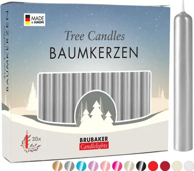 Produktbild von BRUBAKER Baumkerzen Wachs - Weihnachtskerzen für Weihnachtspyramiden und Schwibbögen - Pyramidenkerzen Christbaumkerzen, 20 Stück, Silber