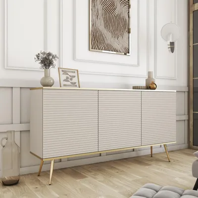 Produktbild von Kommode FORNO Beige Rillenfront Glamour Art Deco 160cm goldene Füße