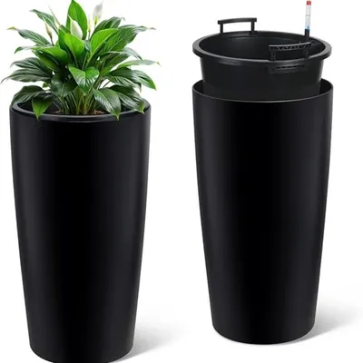 Produktbild von Hohe Außen-Pflanzkübel - Selbstbewässernde Blumenkübel 2er-Set - 76 cm - Inneneinsatz - Wasserstandsanzeige - Drainage - Kunststoff - Weiß