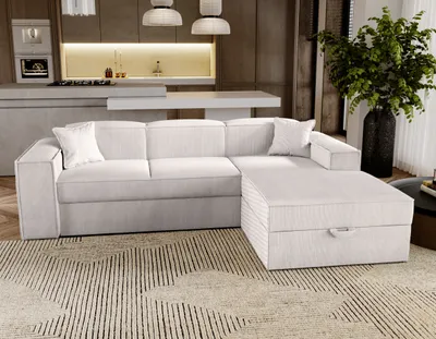 Image de Canapé d'angle avec fonction sommeil Santorini - Canapé 250 cm avec coffre de lit, Canapé d'angle en L, Canapé-lit Ensemble - droite - Beige & Poso 100