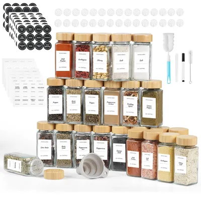 Zdjęcie produktu dla Szklane pojemniki na przyprawy, kwadratowe, o pojemności 120 ml, z drewnianą pokrywką, zestaw 24 sztuk, idealne do przechowywania przypraw w kuchni