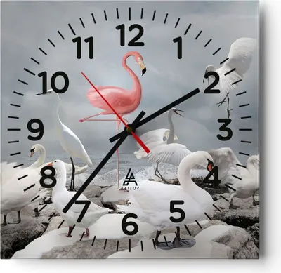 Produktbild von Wanduhr - Quadrat - Glasuhr - Flamingo Schwan Fantasie - 30x30cm - Schleichendes Uhrwerk - Lautlos - zum Aufhängen bereit - Dekoration Modern - Wanddekoration aus Glas - C4AC30x30-4929