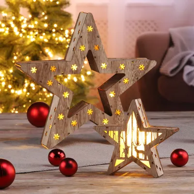 Produktbild von HI Zwei LED Holzsterne Weihnachts-Deko Stern aus Holz mit 16 LEDs 54877