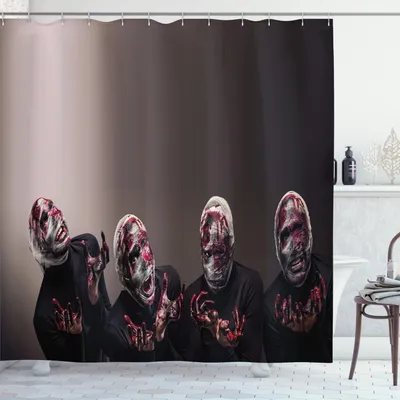 Zdjęcie produktu dla ABAKUHAUS Magiczna zasłona prysznicowa, krwawe twarze z bandażami i przerażającym wzorem krzyczących zombie, 175 x 180 cm, czarna