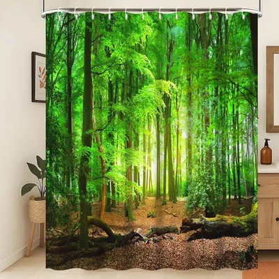 Produktbild von Frühlingsduschvorhang, 3D-Naturlandschaft, Badezimmervorhang, Duschvorhang mit Laubwaldmotiv, Duschvorhang mit tropischem Regenwaldmotiv, maschinenwaschbar, wasserdicht, 105 x 160 cm