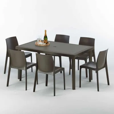 Produktbild von Polyrattan Tisch Rechteckig mit 6 Bunten Stühlen 150x90 Braun Focus