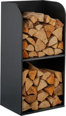 Zdjęcie produktu dla Regał na drewno kominkowe Relaxdays, wymiary 80 x 40 x 30 cm, 2 przegrody, regał na drewno kominkowe, drewno w stosach, drewno opałowe, żelazo, kolor czarny