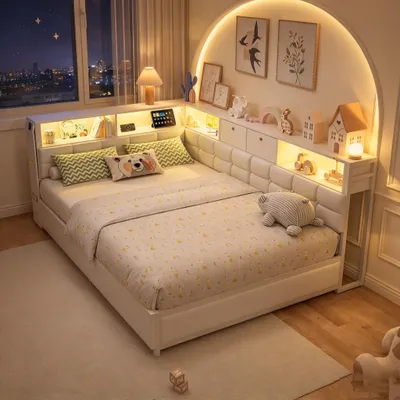 Produktbild von INONEFT Polsterbett Tagesbett 140x200 cm, Jugendbett Doppelbett mit USB/C und LED, Schlafsofa Bettgestell mit 2 Schubladen und Lattenrost,Weiß, Leinen