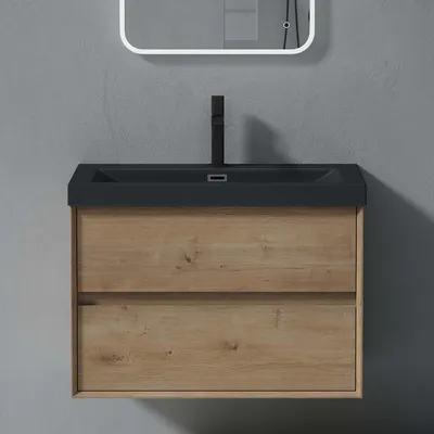 Image de doporro Meuble de Salle de Bains Marron Clair Ensemble de 2 Pièces Meuble avec Lavabo Meuble sous-lavabo Suspendu 76,5cm avec Soft-close Design Rimo
