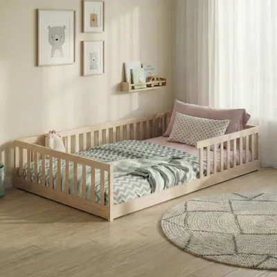 Produktbild von Kinderbett Bodenbett 140x200 cm mit Rausfallschutz & Lattenrost Montessori Bett Bed Gitterbett Kinder Jugendbett Einzelbett | natur weitere Größen | 90x200 | 120x200 cm