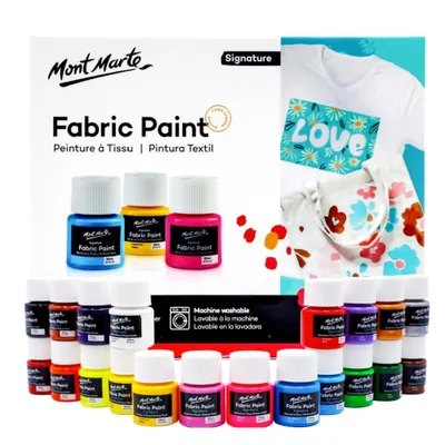 Produktbild von Mont Marte Textilfarbe Set 20 x 20ml – Waschfest & bügelfixierbar, Hochpigmentierte Stoffmalfarben für T-Shirts, Taschen, Kissen & DIY Mode