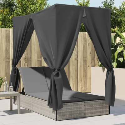 Produktbild von Möbel Doppel-Sonnenliege mit Dach und Vorhängen Hellgrau Poly Rattan - Gartenliegen 368077