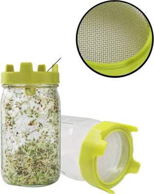 Produktbild von Keimdeckel, Kunststoff-Keimdeckel mit Edelstahlsieb für Einmachgläser mit weiter Öffnung, Keimset mit Ständer und Wasserschale zum Anziehen von Bohnensprossen, Brokkolisamen, Alfalfa und Salatsprossen