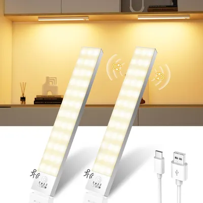 Produktbild von Ylatoial LED -Licht Unterbauleuchte Küche Schrankbeleuchtung mit Bewegungsmelder Innen Akku 2Stück,Schranklicht Schrankleuchten Lichtleiste mit Sensor für Kleiderschran/Unterschrank/Treppe-Warmweiß