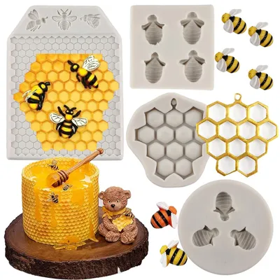 Productafbeelding van Siliconen fondantvormen set, 4 stuks, bijenkorfmotief voor cakeversiering