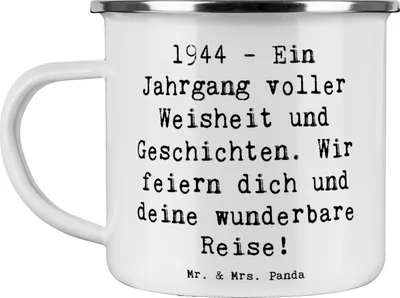 Produktbild von Mr. & Mrs. Panda Teetasse Spruch 1944 Geburtstag - Weiß - Geschenk, Alter, Geburtstagsgeschenk, Teebecher, becher emaille, Geschenkideen, Glückwunsch, Blechtasse, feiern