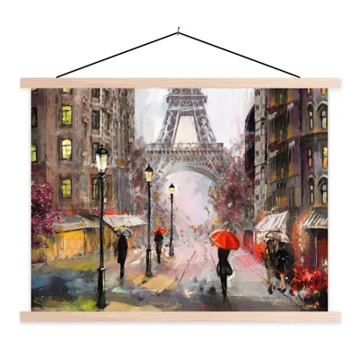 Produktbild von MuchoWow® Textilposter Gemälde - Paris - Eiffelturm - Regenschirm - Ölgemälde 40x30 cm mit holzfarbenen Rahmen - Bilder