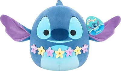 A plush toy of the character Stitch from Disney's Lilo & Stitch, wearing a flower lei.
