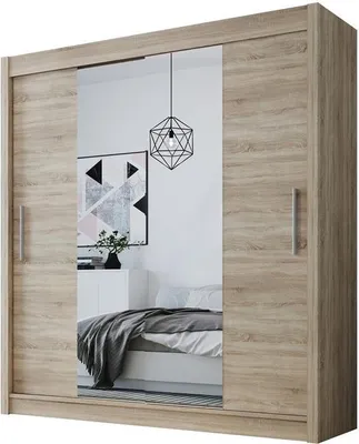 Produktbild von Easy4You D2 180 cm Sonoma Schiebetüren Kleiderschrank 180x215x58 cm mit Spiegel - Schlafzimmermöbel, Aufbewahrung - Mehrzweckschrank
