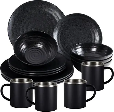 Imagen del producto de Juego de vajilla de melamina, color , con vasos térmicos de acero inoxidable, ideal para picnics y camping