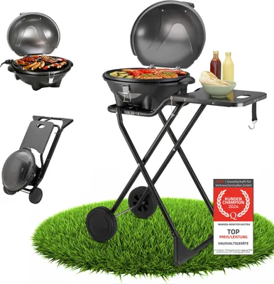 Produktbild von TZS First Austria 2in1 Elektrogrill – extrem stabiler & klappbarer Elektrogrill für Balkon – abnehmbarer 2400 Watt Standgrill mit Deckel, Standfuß & Rädern – inkl. Temperaturregler