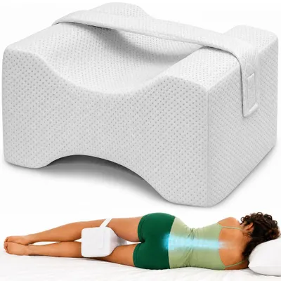 Produktbild von Orthopädisches Knie- und Beinpolster mit Befestigungsband, Linomag®, aus Memory-Schaum, ergonomische Unterstützung für die Ausrichtung der Wirbelsäule, Hüften und Knie, reduziert Gelenkdruck, abziehbarer Bezug, Weiß