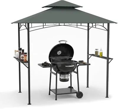 Produktbild von Grillzelt mit Doppeldach, 240 x 151 x 255 cm, Grau | Gartenpavillon mit 2 Seitenablagen und 7 Haken, BBQ Pergola mit Metallrahmen, für Terrasse, Party, Picknick