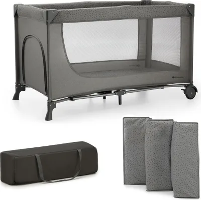 Produktbild von Kinderkraft JOY 2-in-1 Reisebett - Zusammenklappbar in 5 Sekunden - Seitlicher Reißverschluss - Mit Tragetasche - Leicht und Robust - Grau