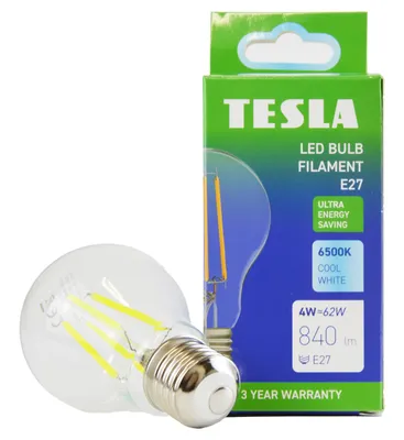 Obrázek produktu pro Tesla - LED žárovka FILAMENT A class, E27, 4W, 840lm, 6500K studená bílá, 360st, čirá, 230V, 25 000h