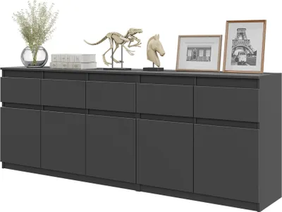 A dark grey sideboard with decorative items on top, set against a white background.