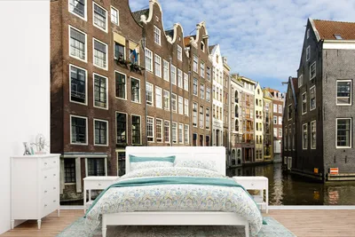 Produktbild von MuchoWow® Fototapete für Wohnzimmer oder Schlafzimmer Wandtapete Vinyl Motivtapete Grachtenhäuser entlang der Gracht in Amsterdam - 450x300 cm - Gemusterte