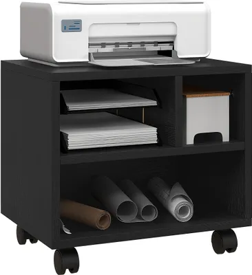 Produktbild von HOMCOM Druckerständer mit 2 Ebenen und 3 Fächern, Büro- und Arbeitszimmerschrank mit Rollen, 40x30x36cm, Schwarz