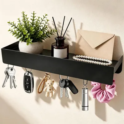 Image de Porte-clés en métal avec étagère, 6 crochets, noir, idéal pour l'entrée et le couloir